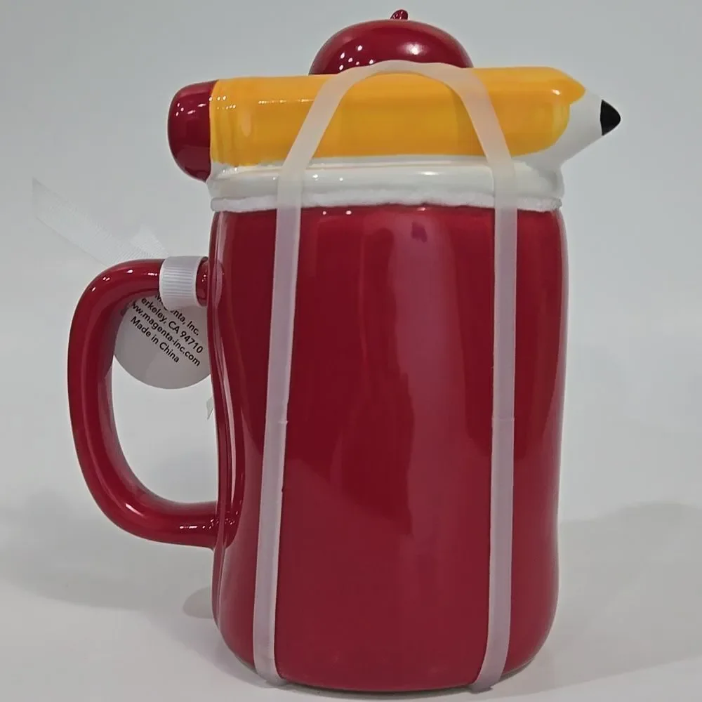 Rae Dunn #1 Teacher Gift Mug Apple Pencil‎ Lid Red Academia Coffee NWT